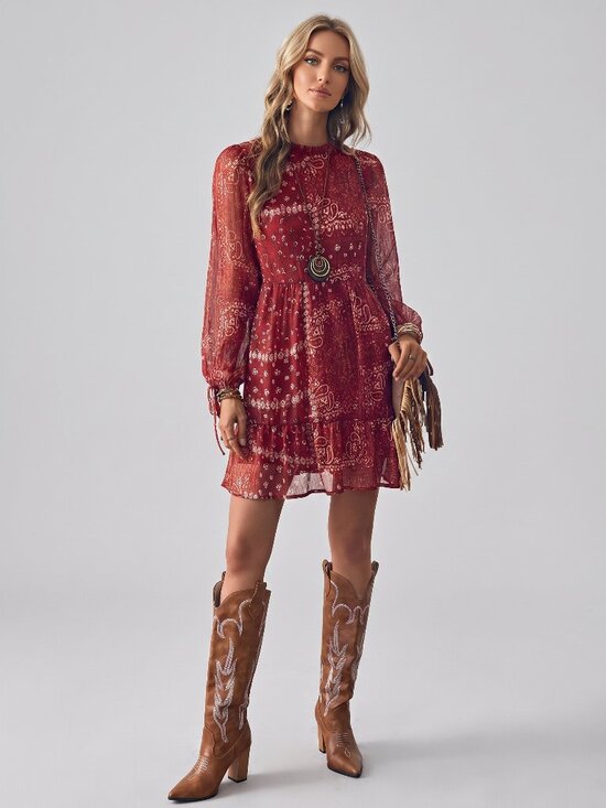 Dresses & Skirts - Women's Wine Red Chiffon Babydoll Mini Dress Long Sleeve Frill Tie Waist Boho